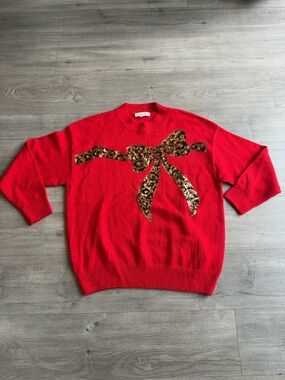 Vine & Love Leopard Sequin Bow Crew Neck Knitted Sweater Top - size medium